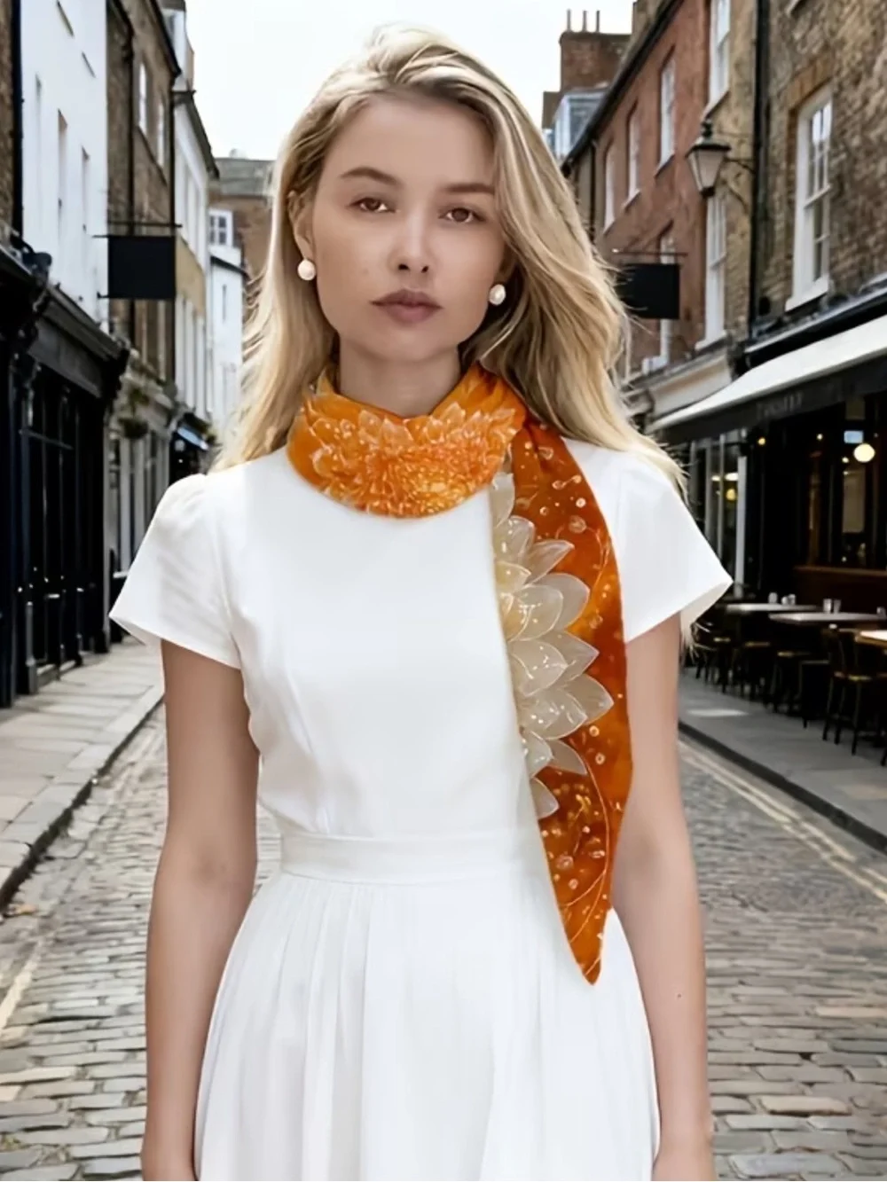 Elegant Floral Neck Scarf - Orange Creamsicle